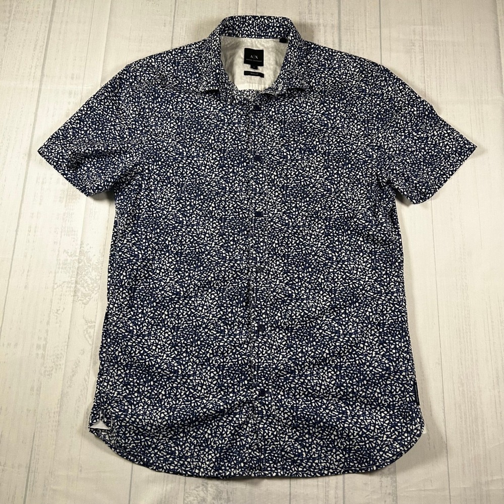 Armani Exchange Mens Regular Fit Short Sleeve Button Down Shirt Navy White SMALL